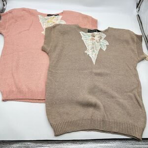 Lot of 2 VTG Estrada Floral Embroidered Neck Silk Blend Sweaters-Tan & Pink-16